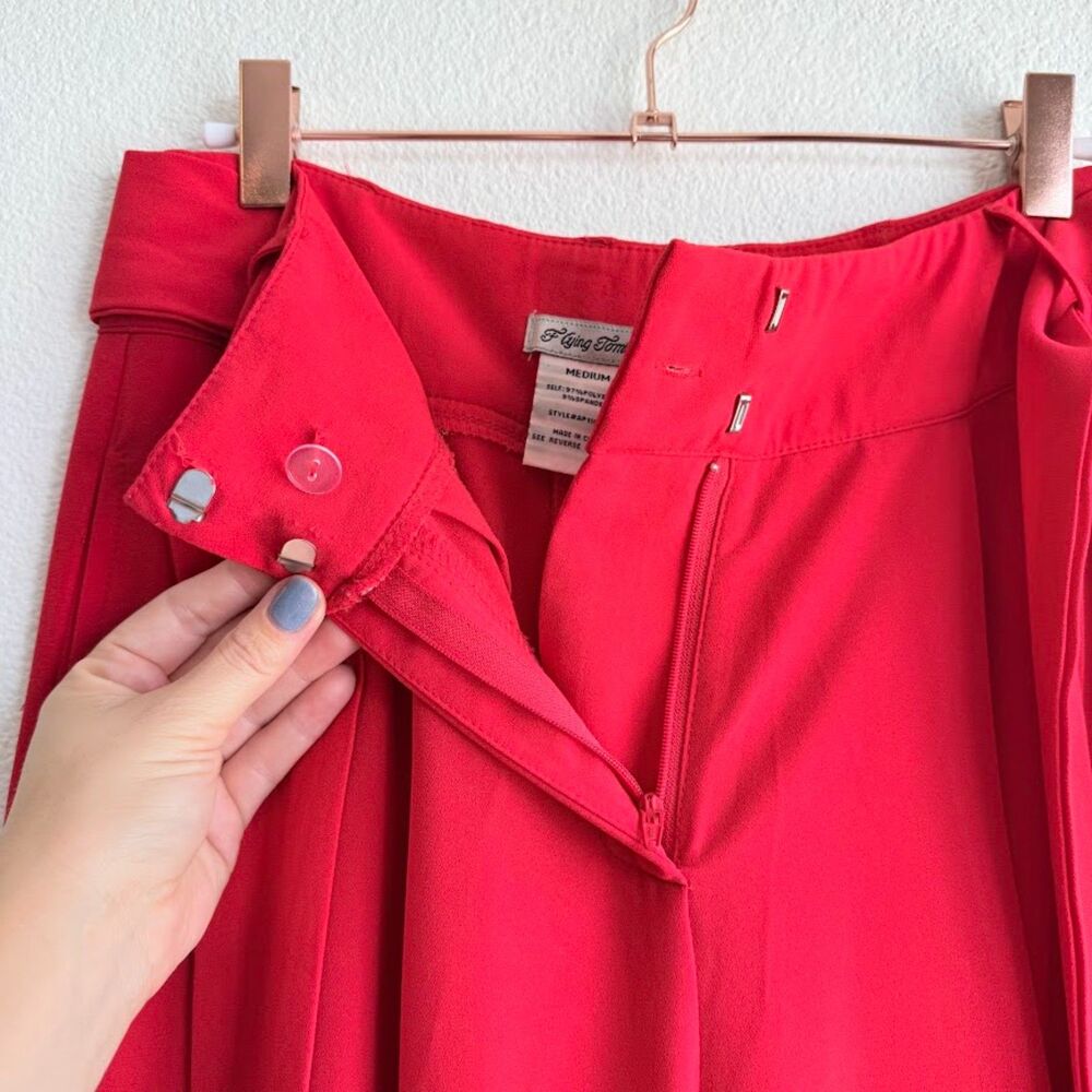 Flying Tomato Wide Leg High Rise Pleated Pants with Self Tie in Red size Medium - Picture 6 of 12